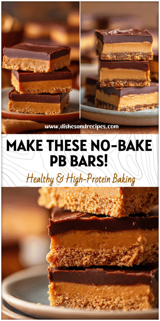 Stacked chocolate peanut butter bars with smooth layers of peanut butter and chocolate topping on a plate.